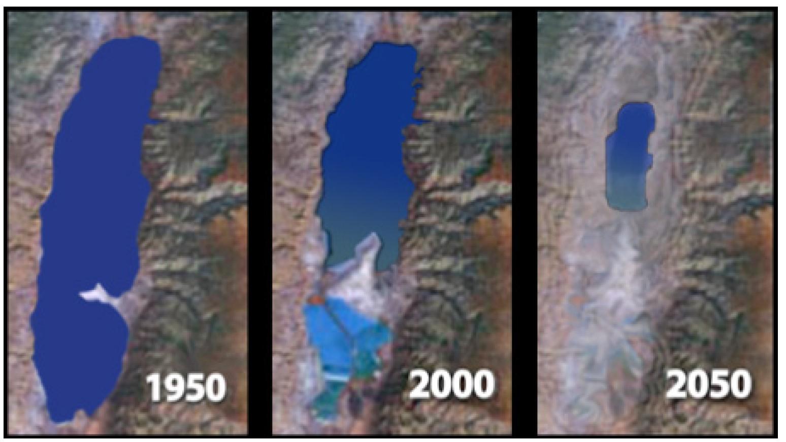 The accelerated rate of receding water levels in the Dead Sea over the last few decades. - The Dying of the Dead Sea, The ancient salt sea is the site of a looming environmental catastrophe, By Joshua Hammer | SMITHSONIAN MAGAZINE | OCTOBER 2005 The accelerated rate of receding water levels in the Dead Sea over the last few decades. - The Dying of the Dead Sea, The ancient salt sea is the site of a looming environmental catastrophe, By Joshua Hammer | SMITHSONIAN MAGAZINE | OCTOBER 2005